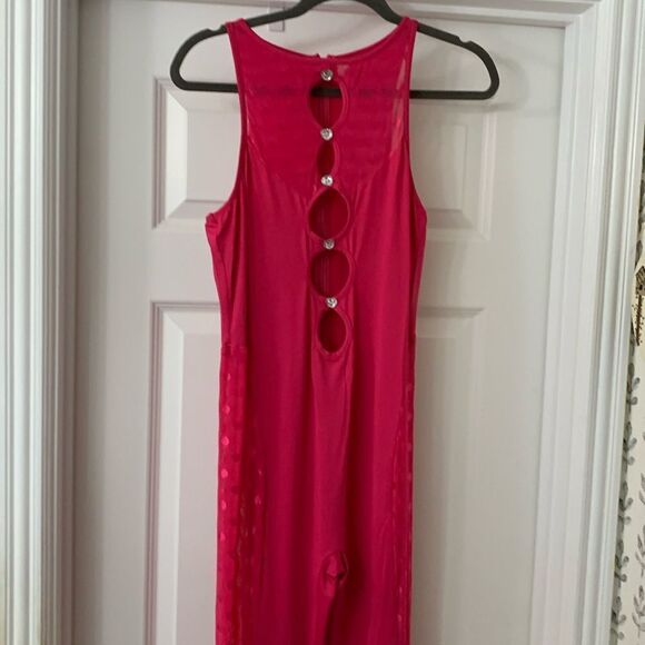 Size XL Bodycon Jumpsuit in hot pink.  Stage or dance outfit.  Sheer sides. - Picture 1 of 10
